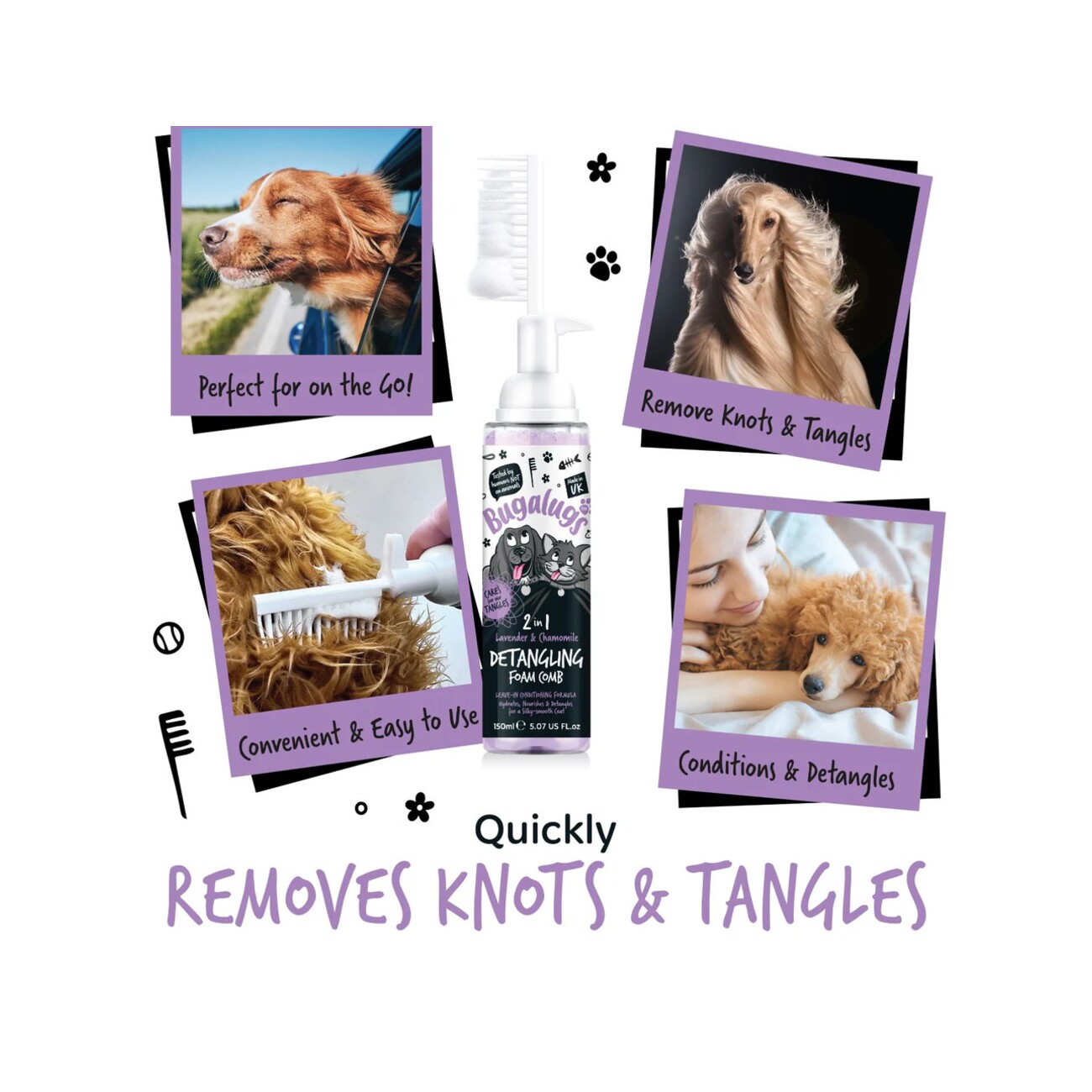 Bugalugs Fellentwirrungsschaum mit Kamm Lavendel & Kamille 150 ml