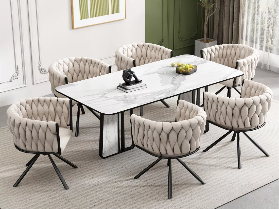Lot de 6 Chaises pivotantes en velours avec accoudoirs - pieds en métal - Beige