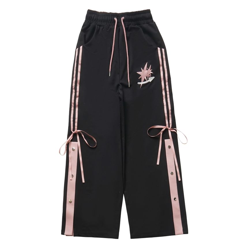 Florimi - Gestreepte joggingbroek met wijde pijpen, sterrenborduursel en strik