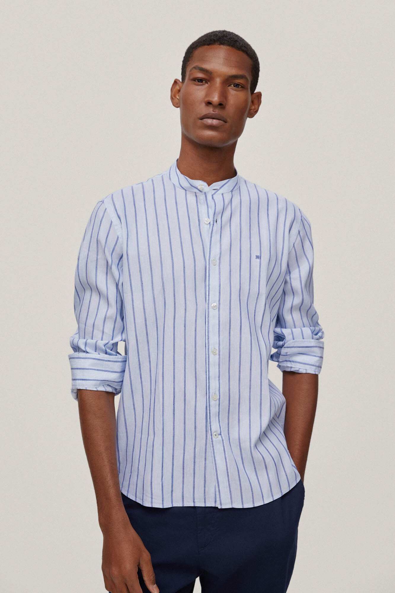 Camisa listrada de linho italiano - Azul