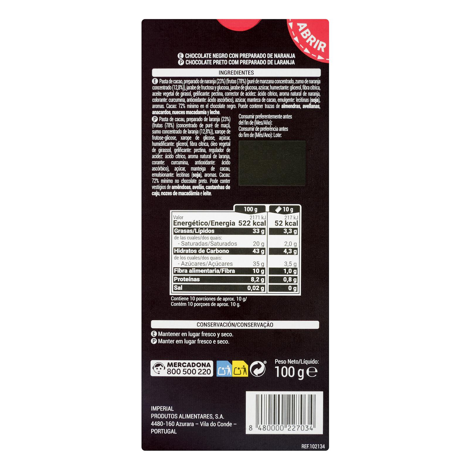 Chocolat noir Hacendado 72% de cacao aux morceaux d'orange
