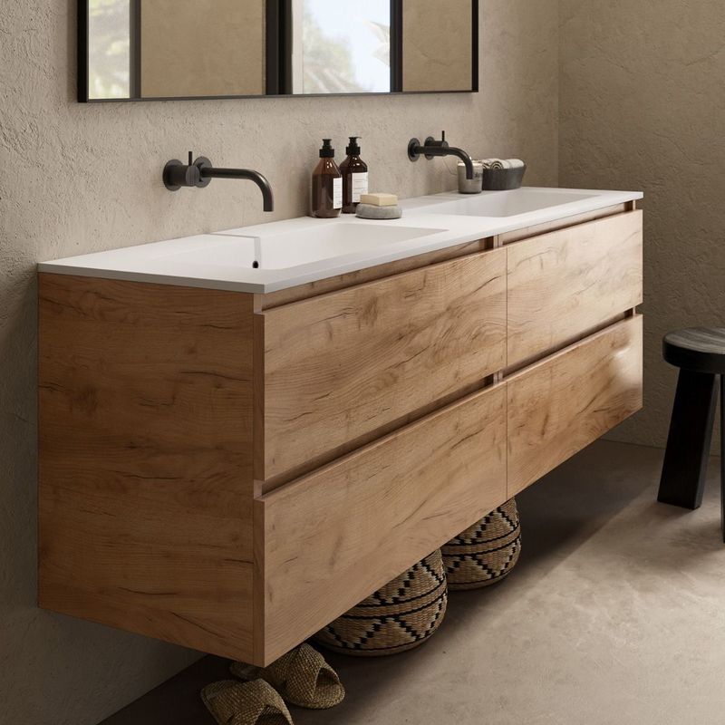 Fontana - Cosmos - Badmeubel - Warm Eiken - 160 cm met Dubbele Wastafel zonder Kraangaten