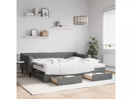 Lit de jour avec gigogne et tiroirs gris foncé 90x200 cm tissu