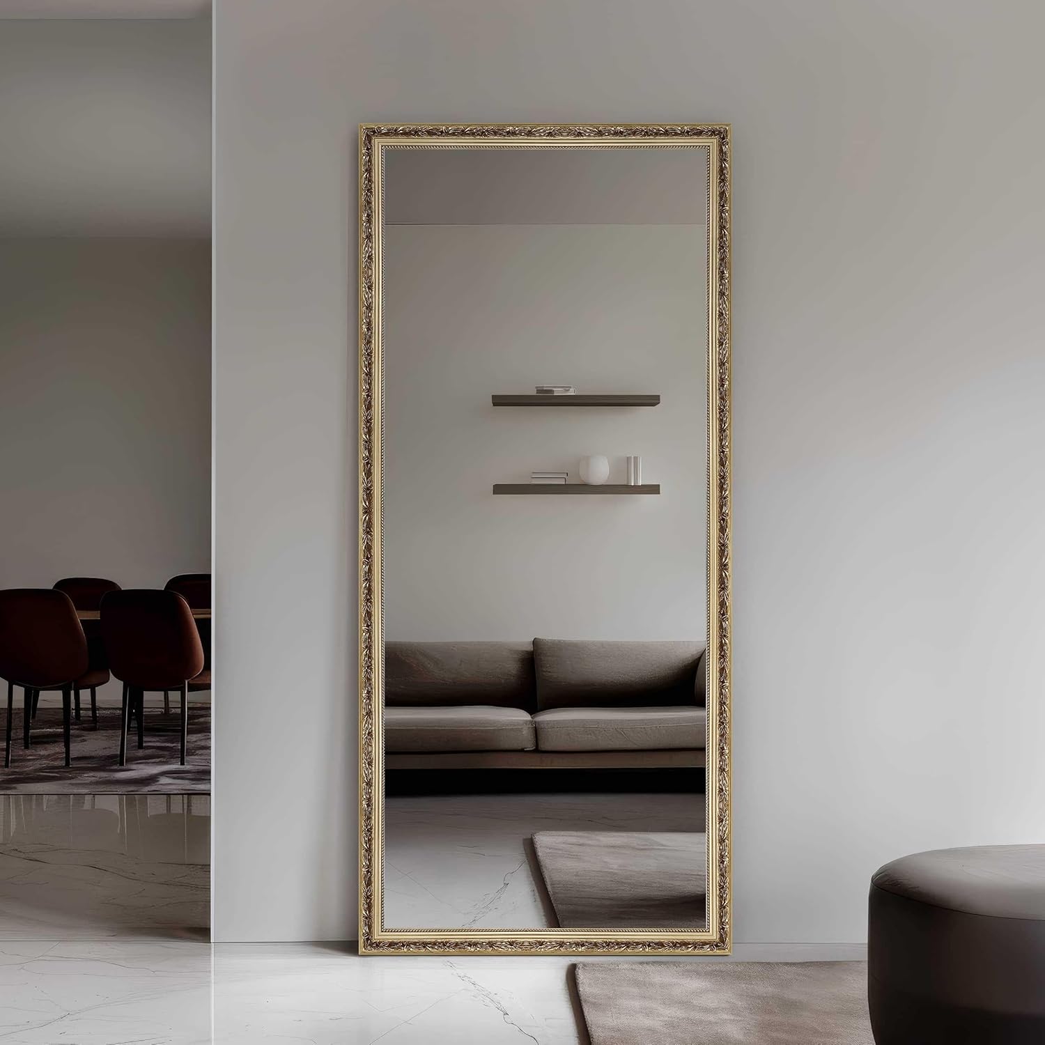 Wandspiegel, 70 x 170 cm, Holz, Gold Glanz, Ganzkörperspiegel für alle Wohnbereiche, Hoch- & Querformat, anpassbare Aufhänger, Francesca