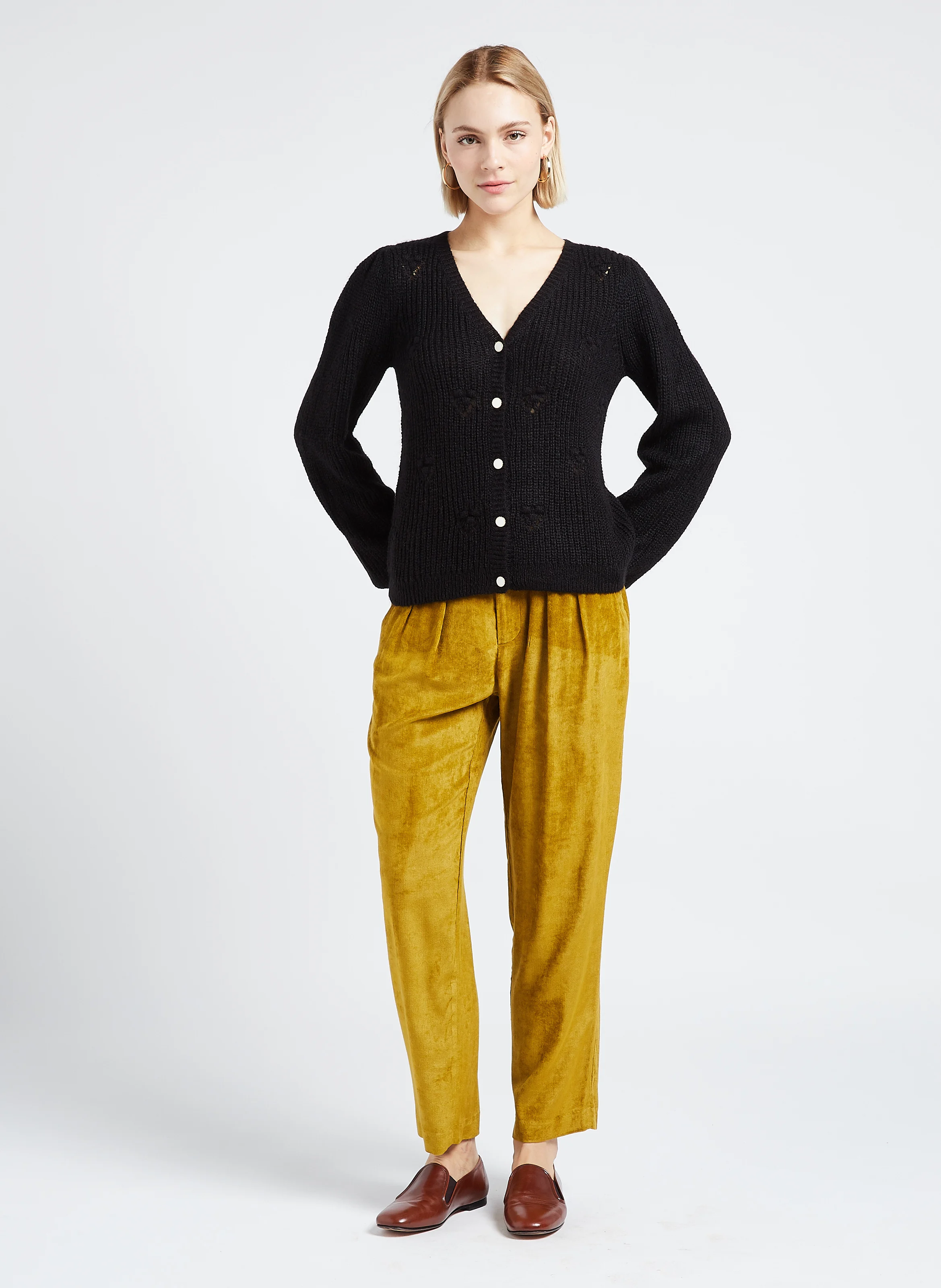 Pantalon fluide en velours côtelé| Vert