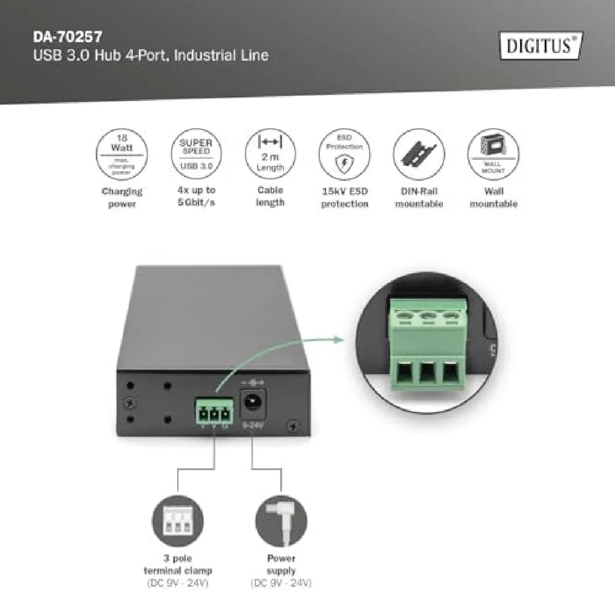 Digitus Hub USB 4 Ports Indust. USB 3.0 - Noir
