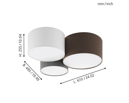 Plafondlamp, 3-lichts, 25,5x49,5x61 cm, Pastore antraciet/wit/bruin