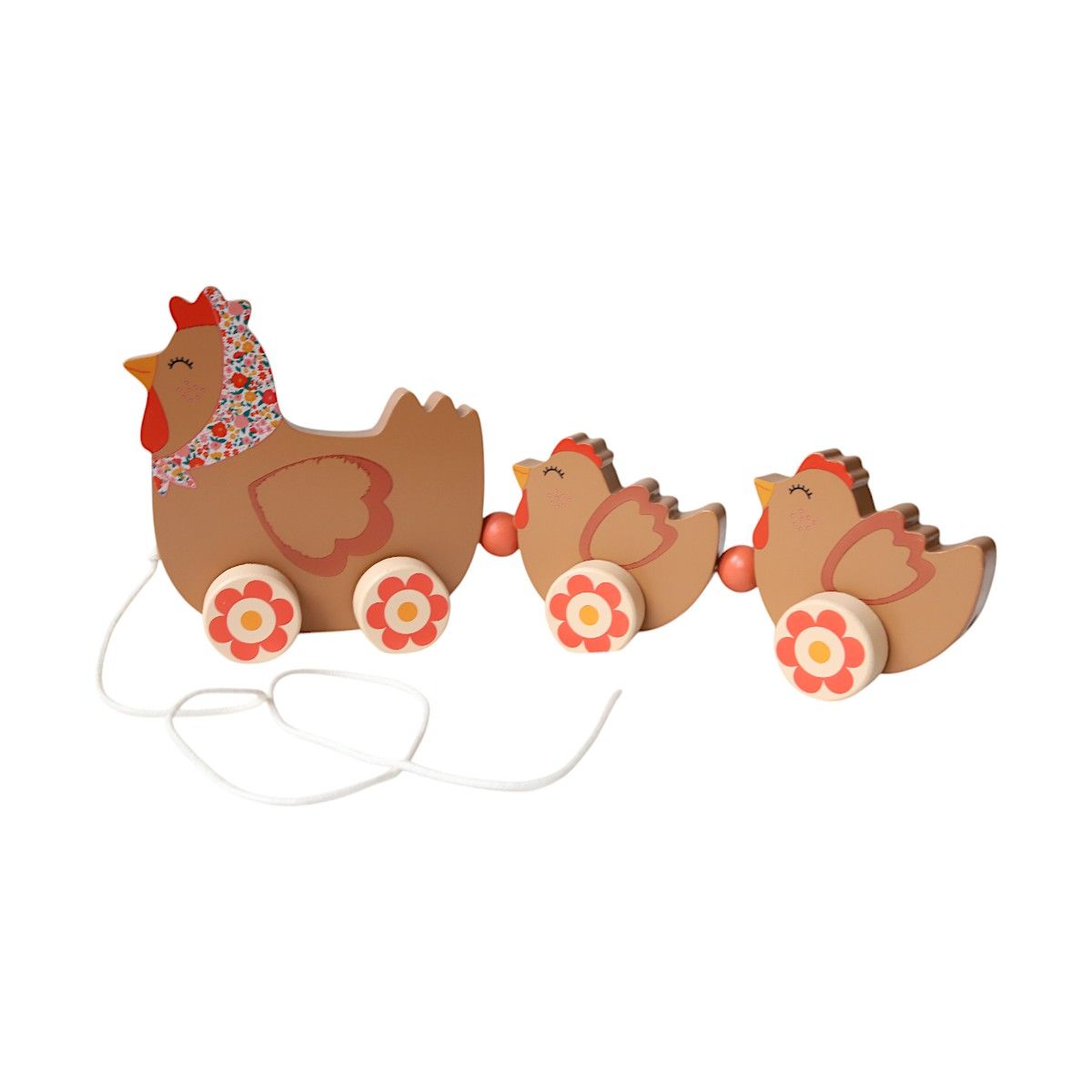 Famille poule à tirer jouet en bois - La petite poule rousse Mercredi et Patati