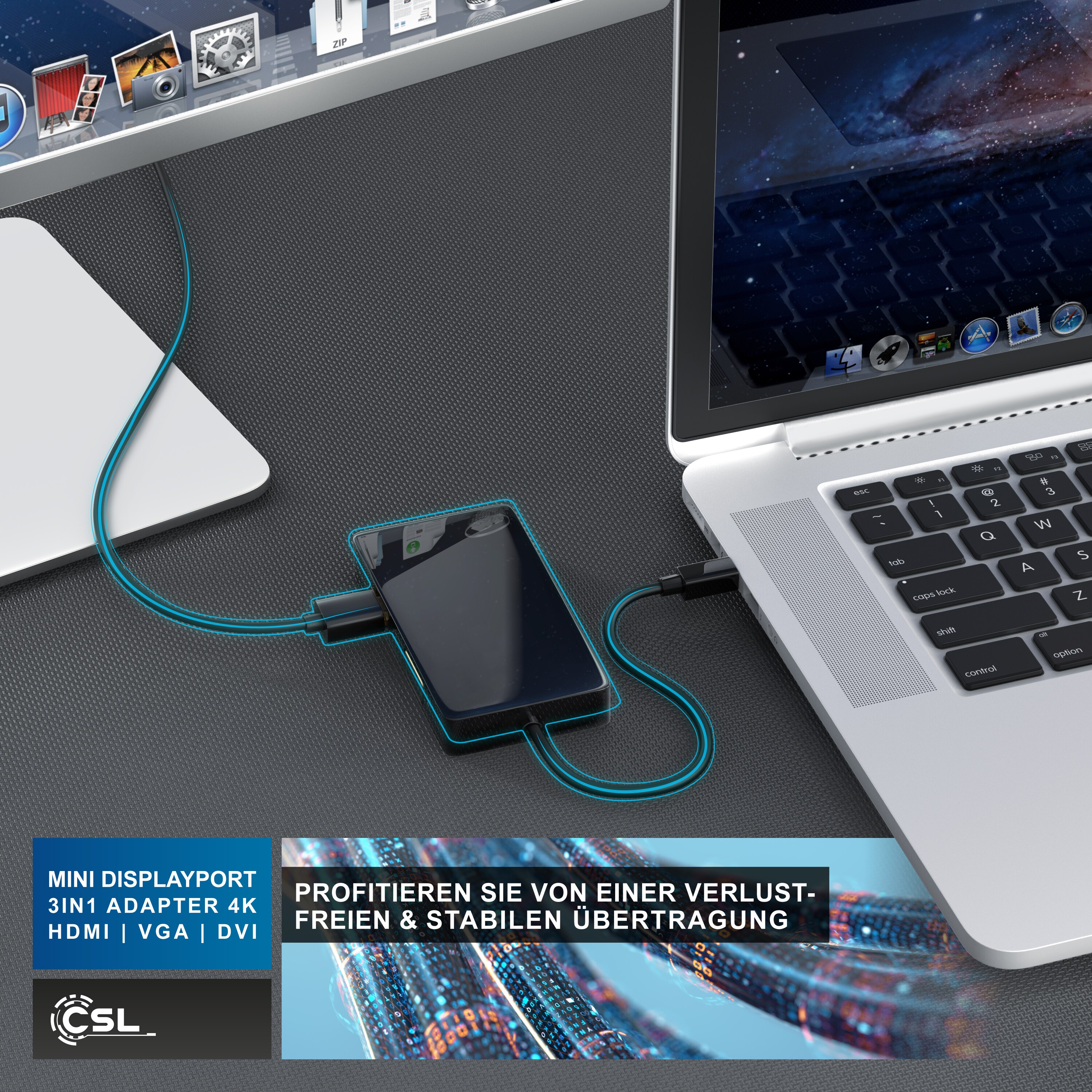 CSL 3in1 Mini DisplayPort zu HDMI, DVI, VGA Adapter Konverter, miniDP 1.2 4k 3840x2160 UHD 2160p, 0,15m