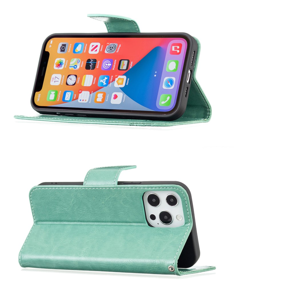 iPhone 13 Pro Leder Tasche mit Kartenfach   Handschlaufe Schmetterling - Türkis
