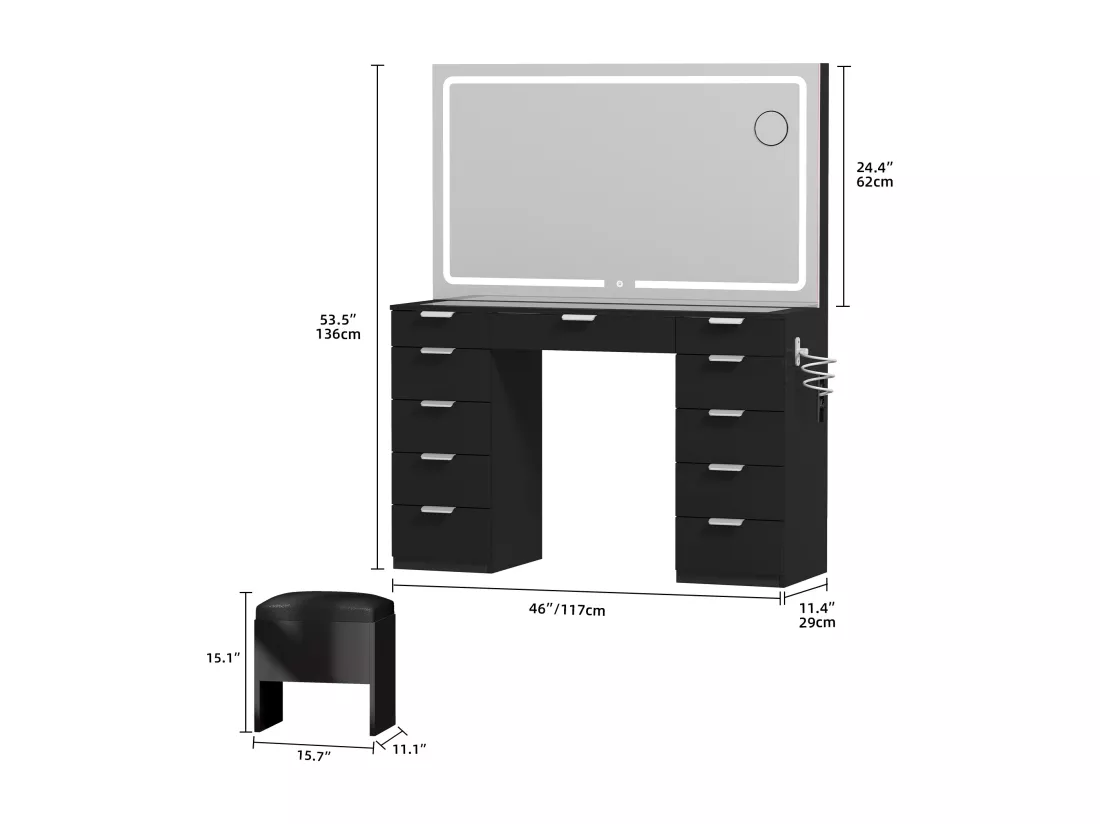 YITAHOME Coiffeuse avec Éclairage LED - Coiffeuse avec Miroir - Table de Maquillage avec Prise Électrique - 11 Tiroirs - Noir