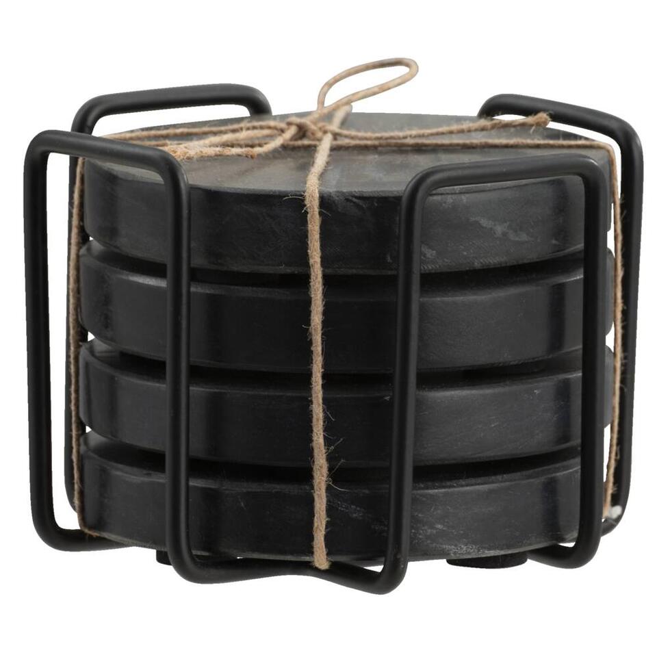 Onderzetters zwart marmer - set van 4 - Ø11 cm - met houder