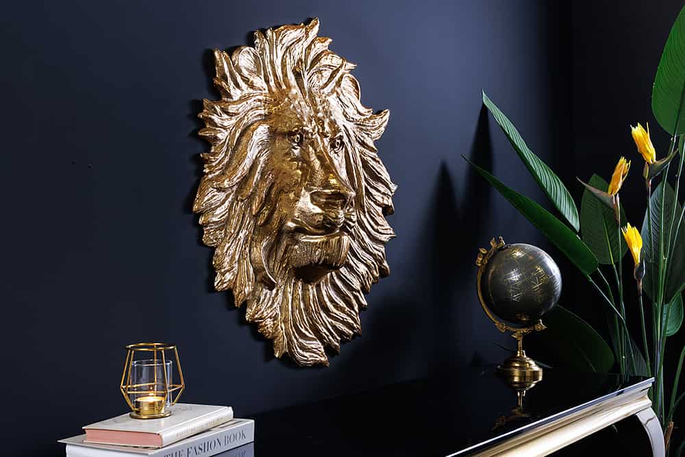 Goldene Wanddeko WILDLIFE LION 60cm gold Metall Löwenkopf-Skulptur handmade