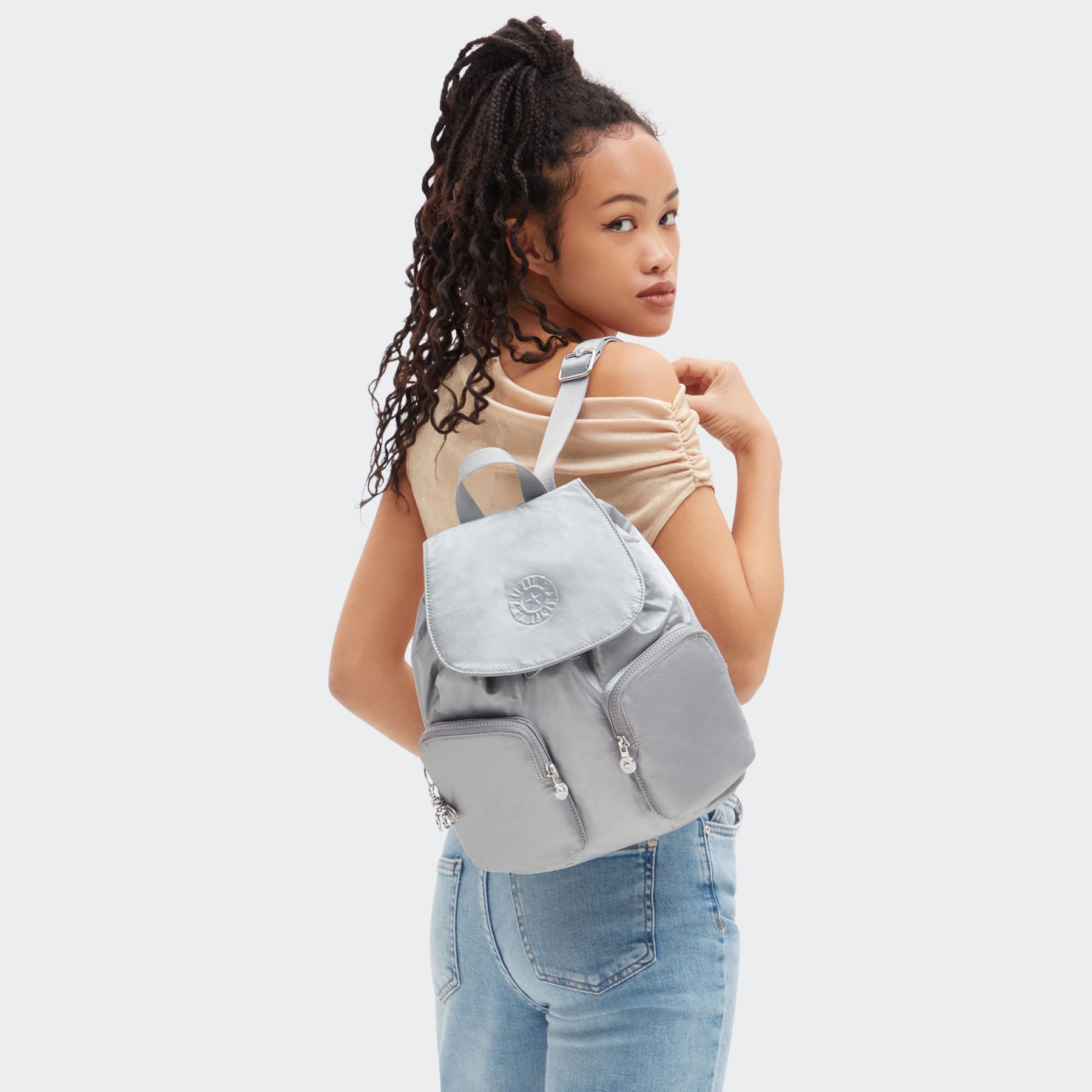 ANTO S Petit sac à dos avec cordon de serrage et poches avant - Silver Glam