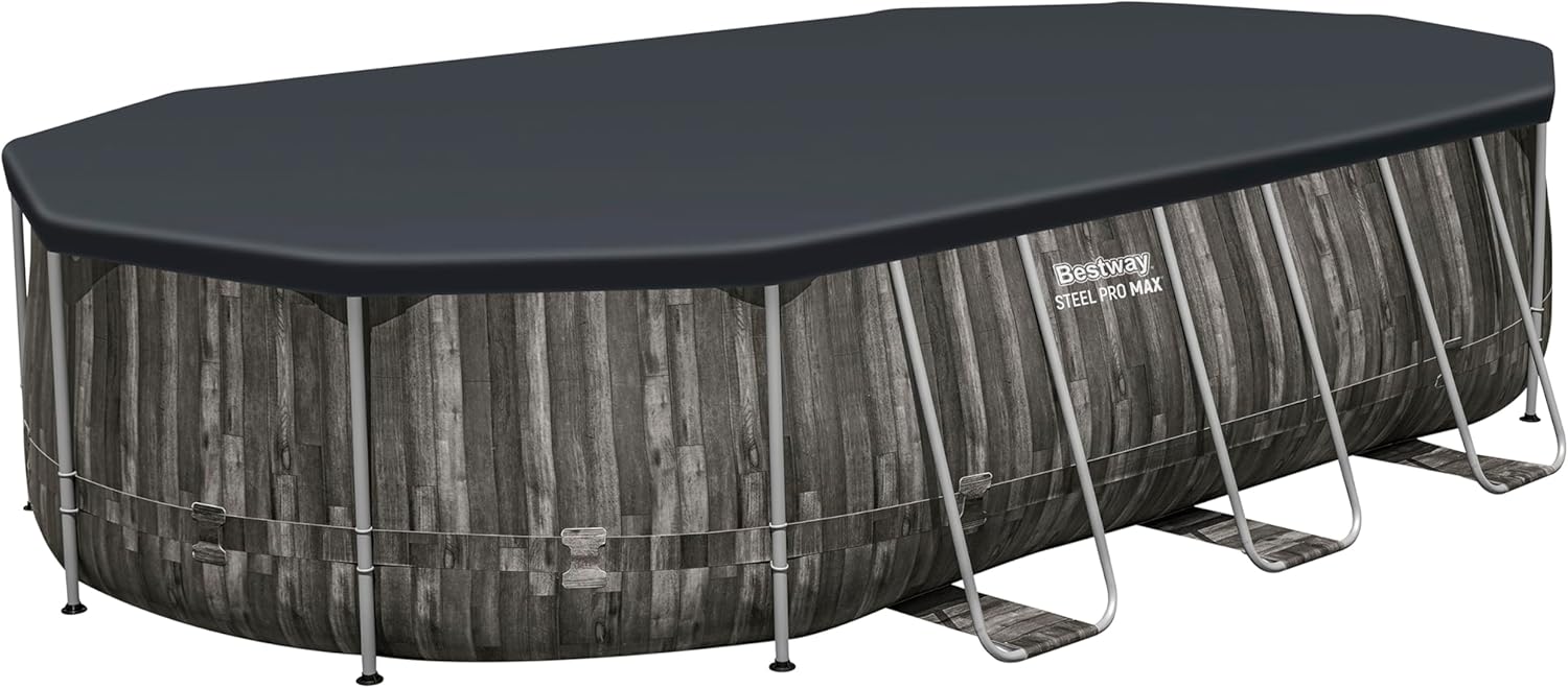 Bestway Steel Pro MAX Frame Pool Komplett-Set, 610 x 366 x 122 cm, Holz-Optik, 20.241 L, 3-lagiges TriTech-Material, ClickConnect System, Filterpumpe, Sicherheitsleiter, Abdeckplane, Reparaturflicken