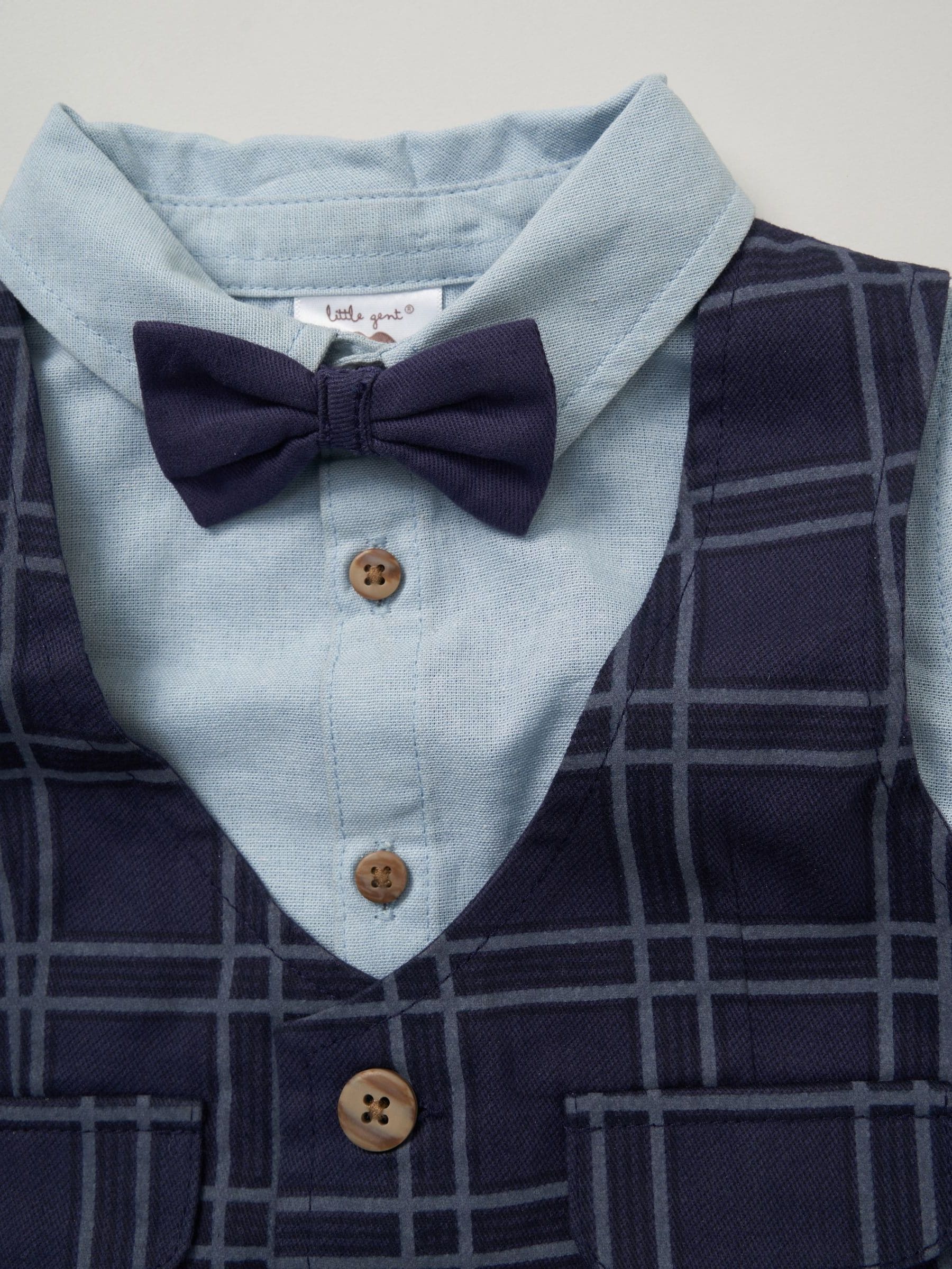 Little Gent blauw imitatiewanten 100% katoenen gilet met vlinderdas