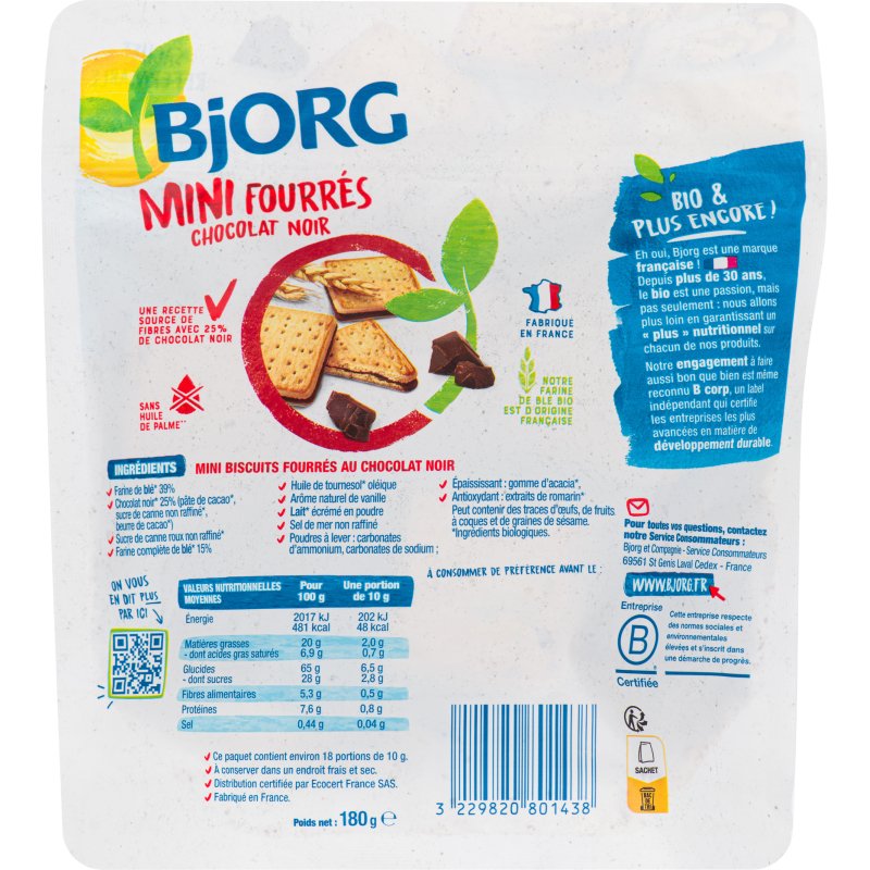 Mini fourrés chocolat noir bio Bjorg - Sachet de 180 g