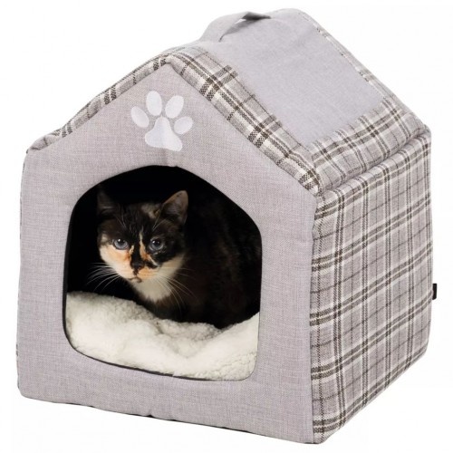 Cama cinza para animais de estimação com design de casinha