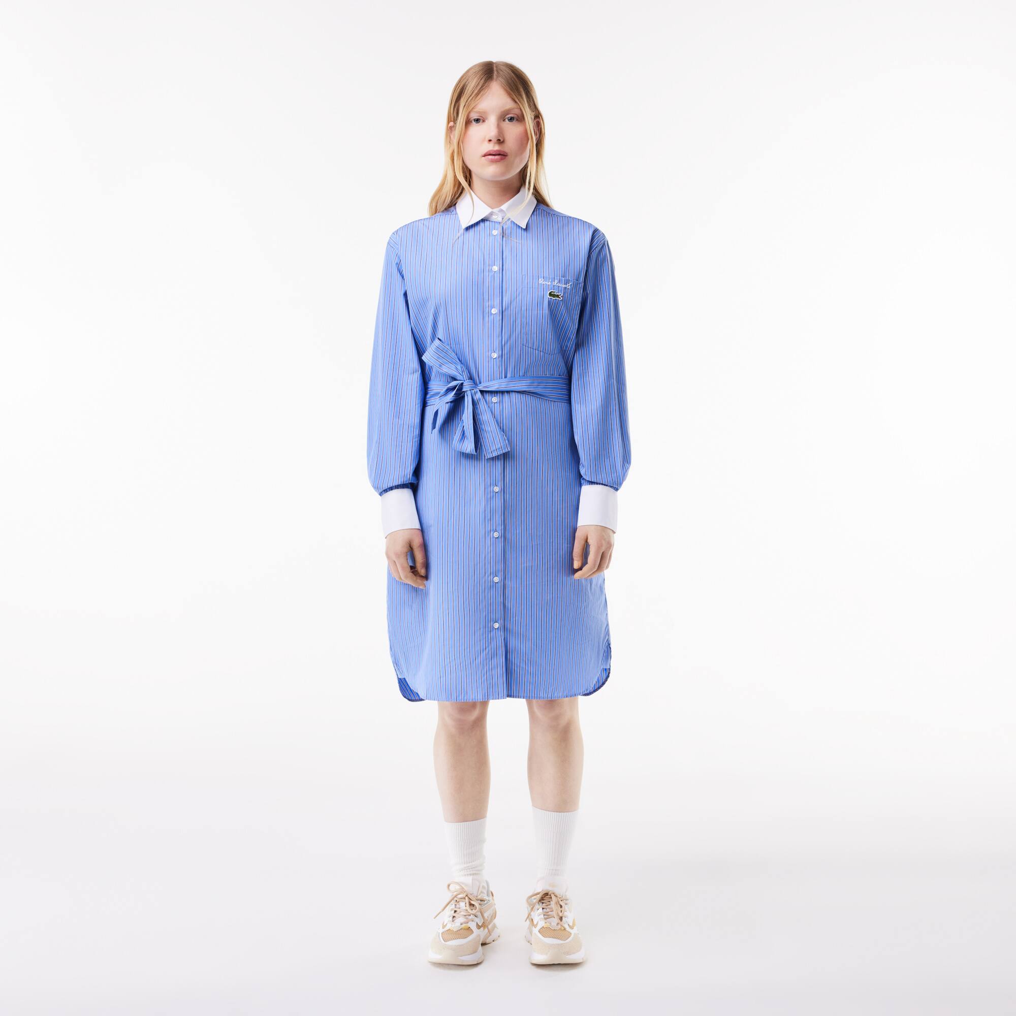 Robe rayée manches longues en popeline de coton Robes & Jupes - Bleu - Lacoste - Femme
