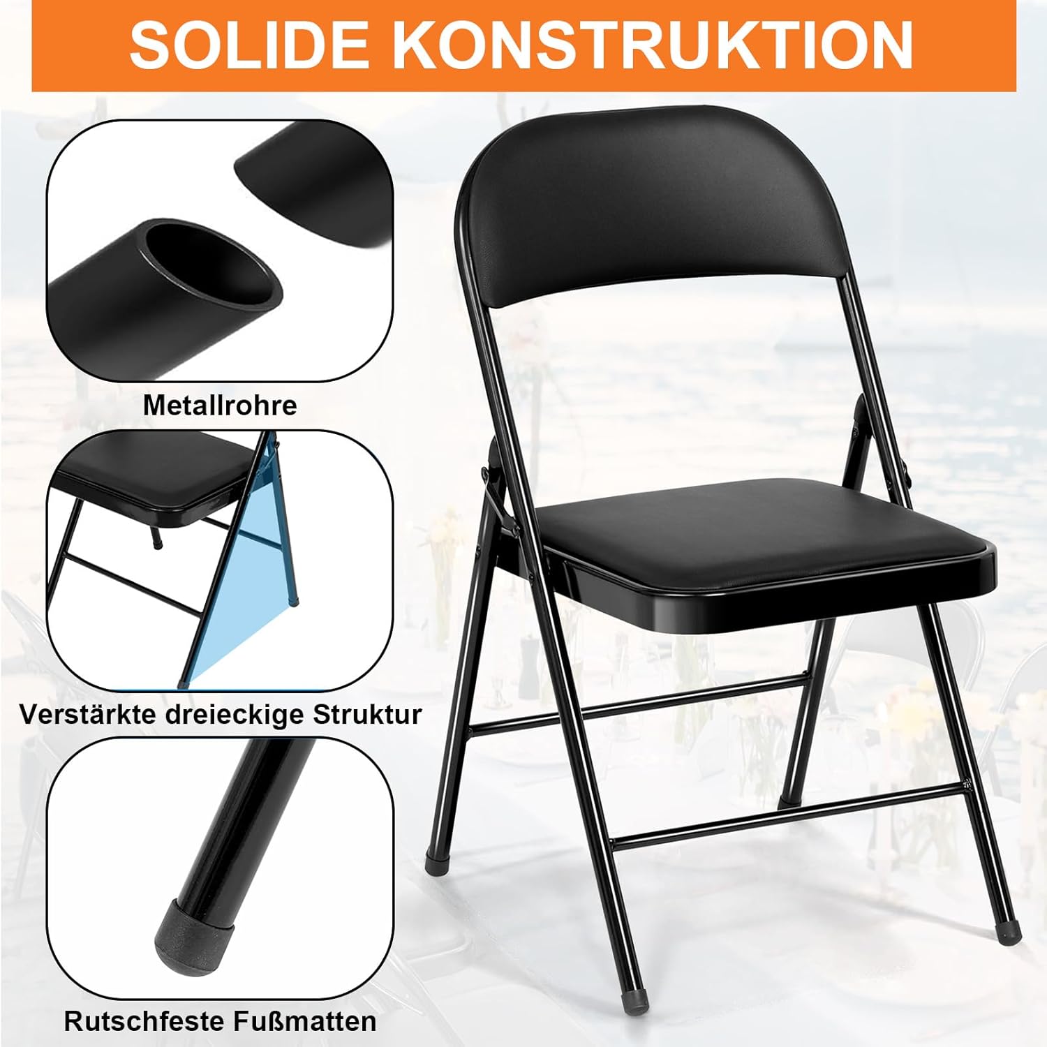 Klappstuhl 6er Set Gartenstuhl Klappbar, Wasserdicht Campingstuhl bis 158 KG Metall Klappsessel, Klappstühle für Gäste, Küche, Camping, Schwarz