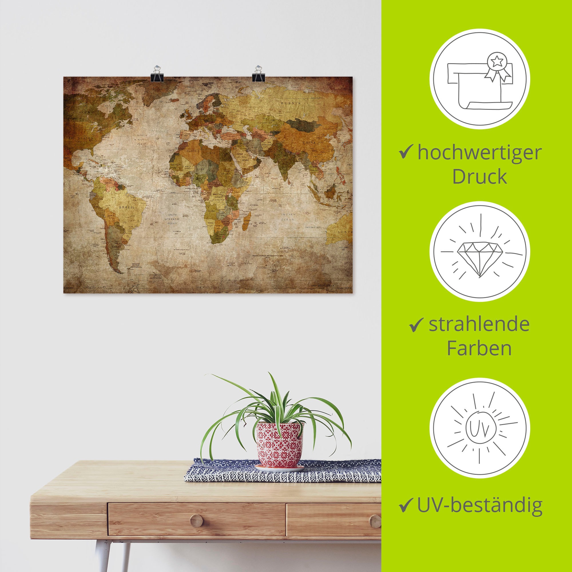 Artland Wandbild »Weltkarte« 1 Stk. tlg. als Alubild, Outdoorbild, Leinwandbild, Poster, Wandaufkleber