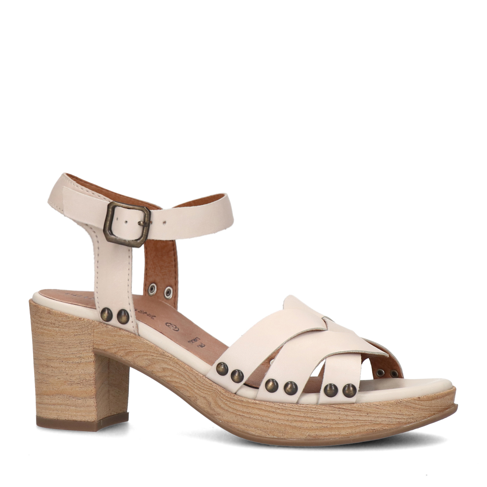 Beige leren sandalen met blokhak