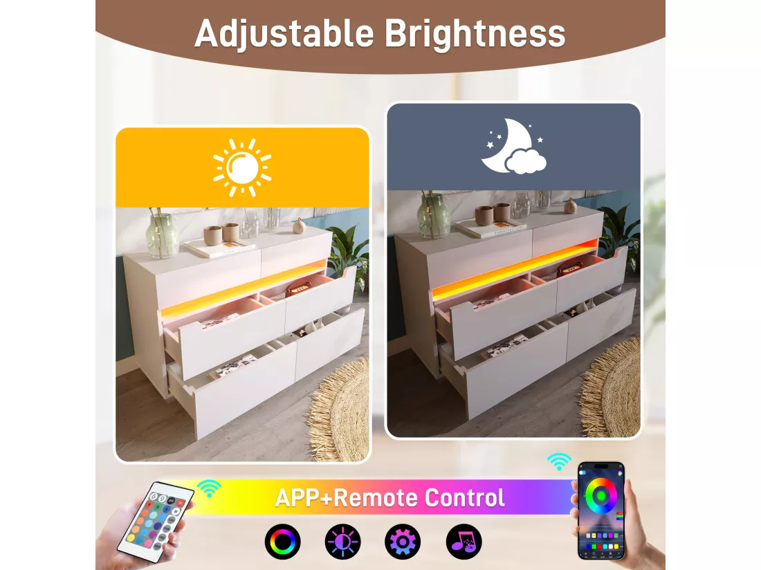 Commode avec LED - 6 tiroirs - effet brillant - Blanc