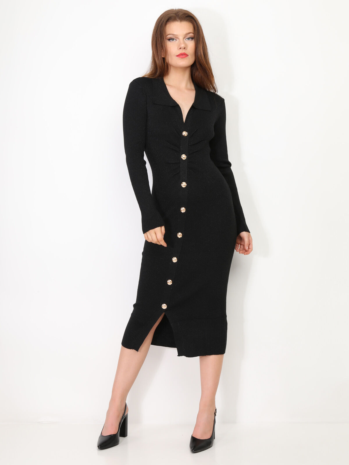 Robe côtelée scintillante à boutons dorés- Noir