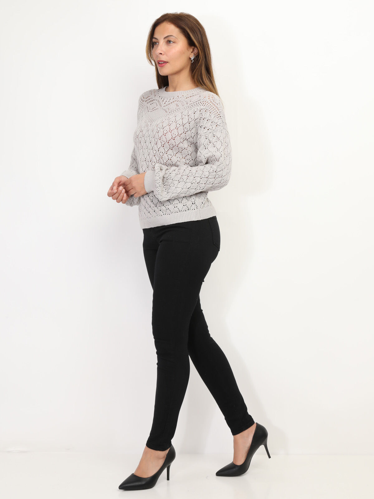 Pull en crochet ajouré- Gris clair