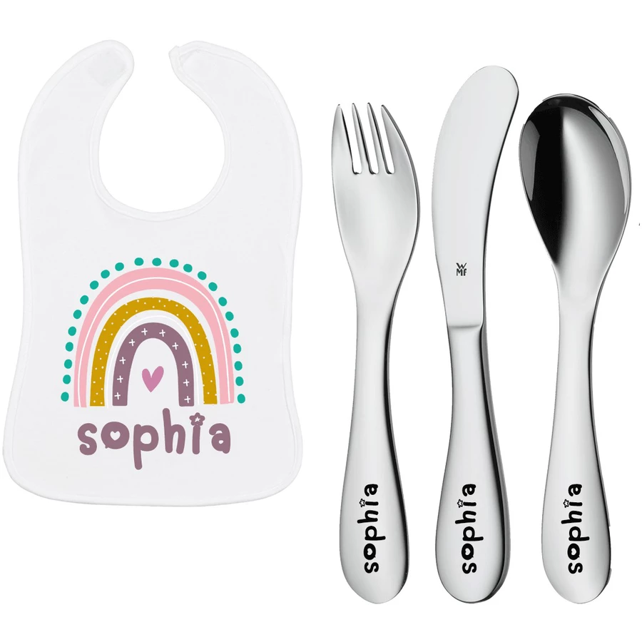 Schnullireich Geschenkset mit Namen WMF Kinderbesteck Knuddel Mini 3 Tlg. + Lätzchen Rose Rainbow Silber