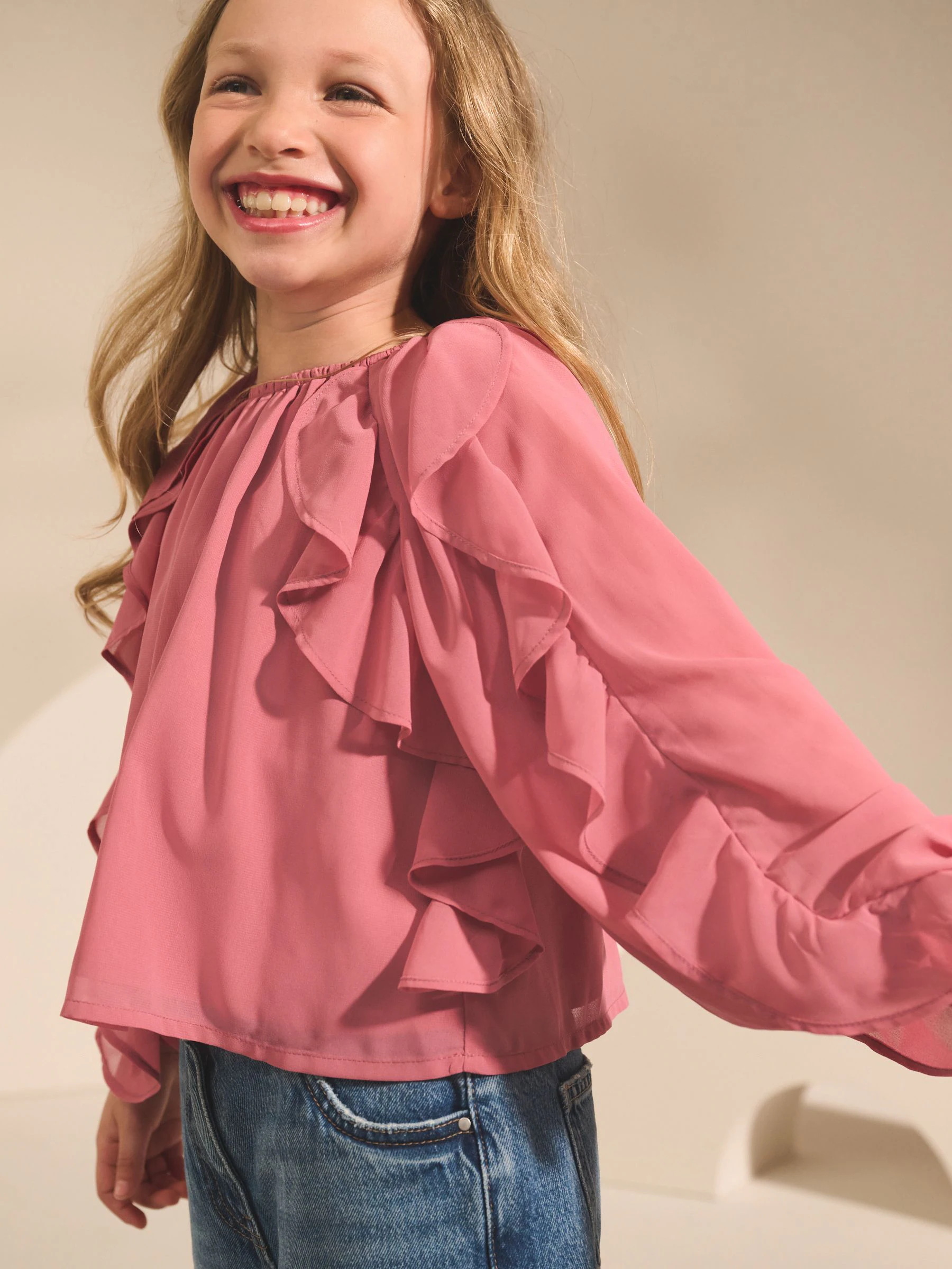 Roze - Blouse met lange mouwen en ruches (3-16jr)