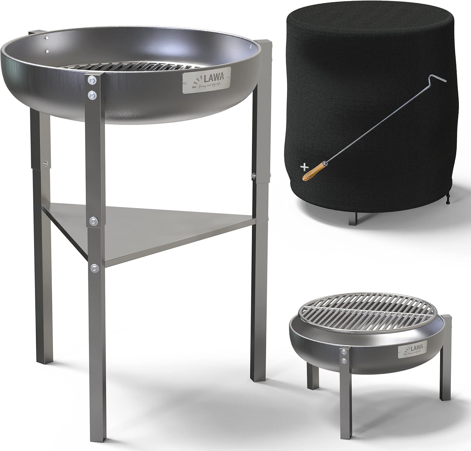 Edelstahl Feuerschale 60cm V2A / 304 18/8 Stahl 3 Höhen Set Abdeckhaube Feuerrost Feuerhaken Klöpperboden Feuerstelle Outdoor Grill Terrassenfeuer Rund Dreibein Garten Grillschale Feuerkorb Terrasse
