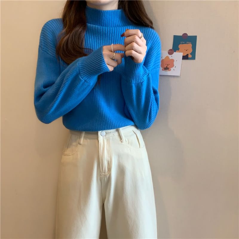 Shinsei - Mock Neck Effen Geribbelde Trui