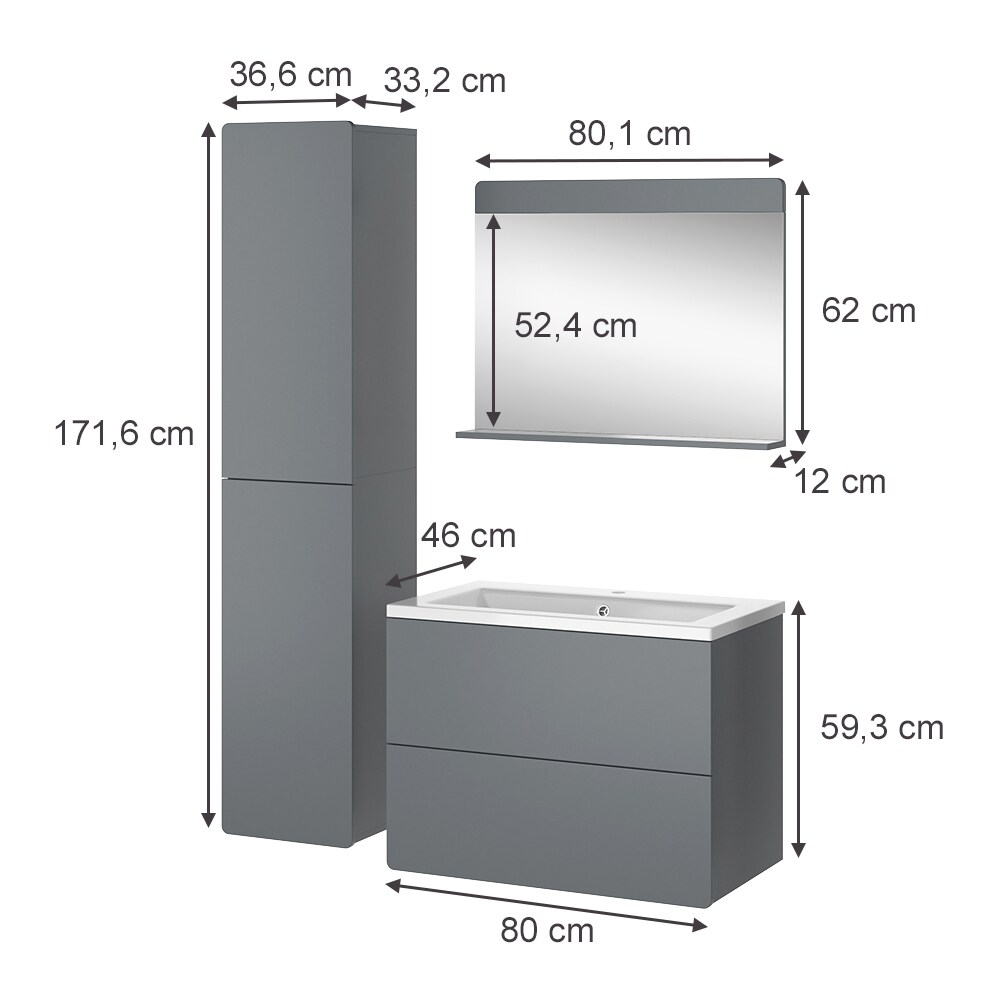 Vicco Badmöbel-Set Izan Grau modern Waschtischunterschrank Waschbecken Badspiegel Hochschrank