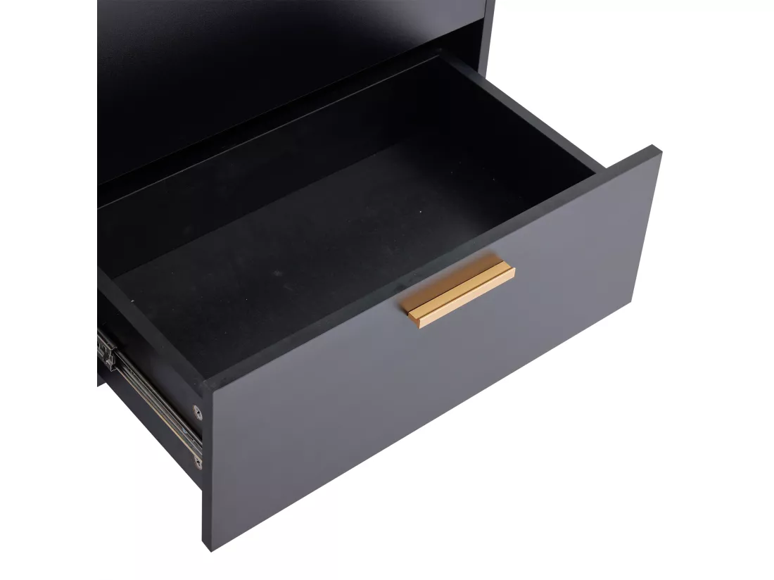 Buffet 160x40x87cm - avec 2 portes en rotin et 3 tiroirs - Noir