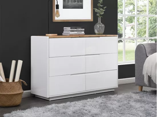 Commode AMANI - 6 tiroirs - MDF - Blanc laqué et Chêne