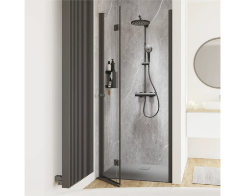 Douchedeur in nis met draai-vouwdeur SCHULTE Garant 2.0 ExpressPlus profiel 90 cm, zwart, helder glas, vuilafstotende glascoating, deur linksdraaiend, buffergreep