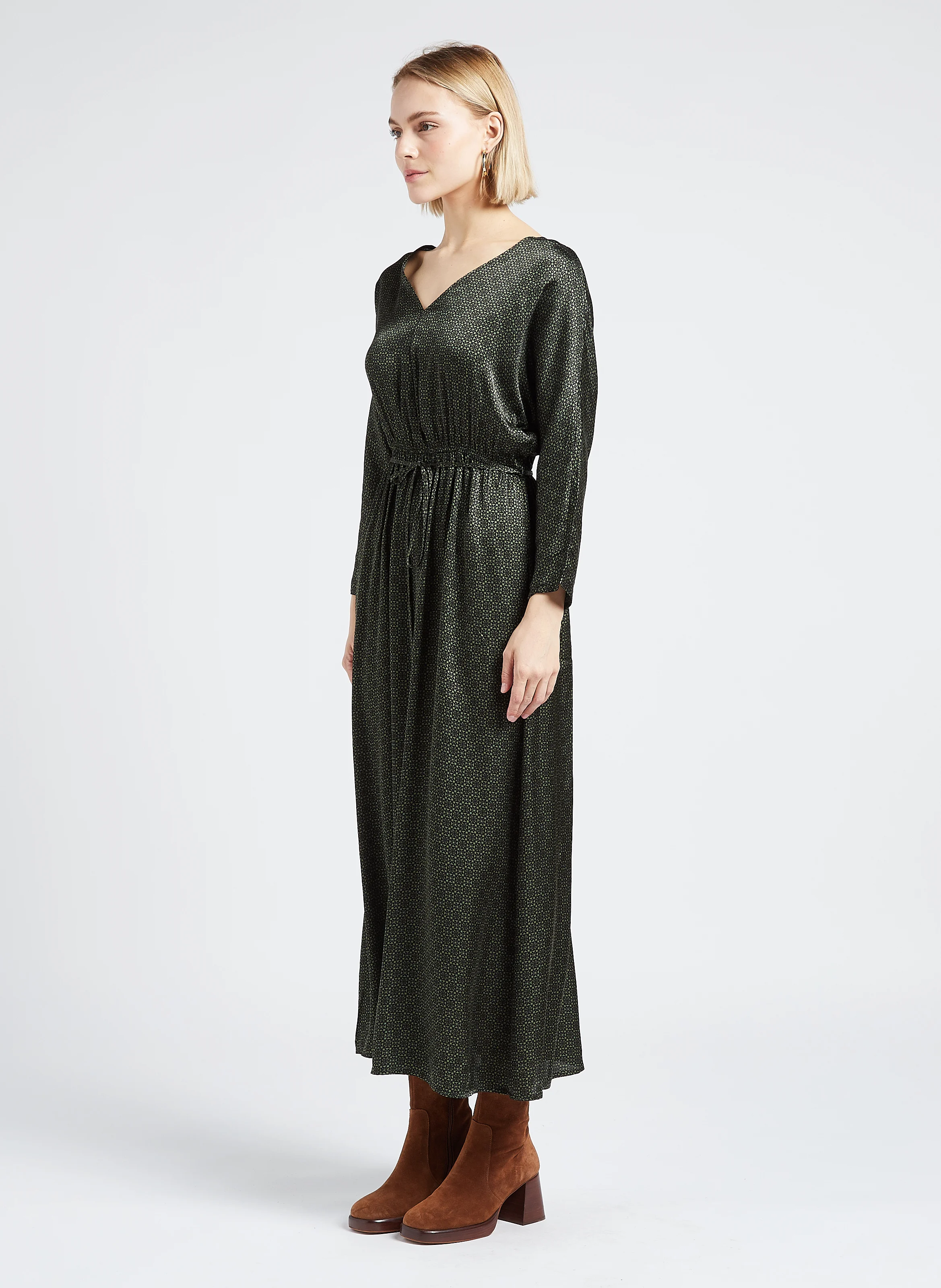 LUNA - Robe midi col V imprimée| Vert
