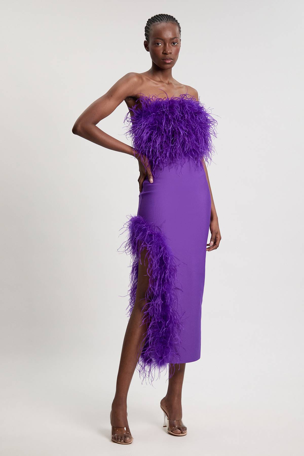 KarenMillen Robe Midi Moulante À Bandeau En Maille Avec Détails Plumes Et Effet Bandage Petite Taille