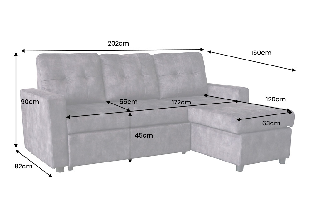 Schlafecksofa APARTMENT 205cm grau Samt 3-Sitzer inkl. Stauraum beidseitig aufbaubar