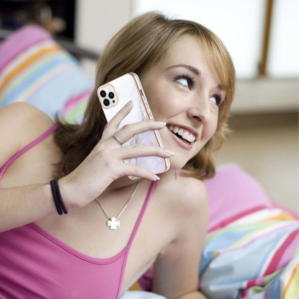iPhone 14 Pro Gummi Case Hülle Galvanisierter Rahmen Marble Marmor Design - Lila / Roségold