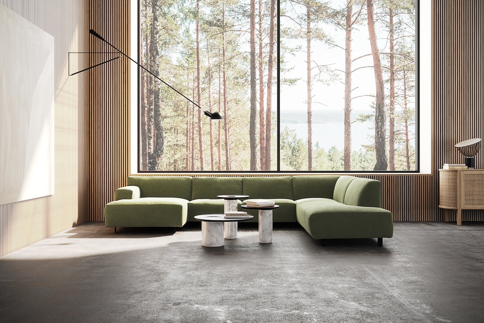 Vesta U-sofa Sjeselong venstre, 3-seter og åpen ende høyre. Big hjørnemodul, Tekstil Velvety green, sort metallben 10 cm, Comfort CM