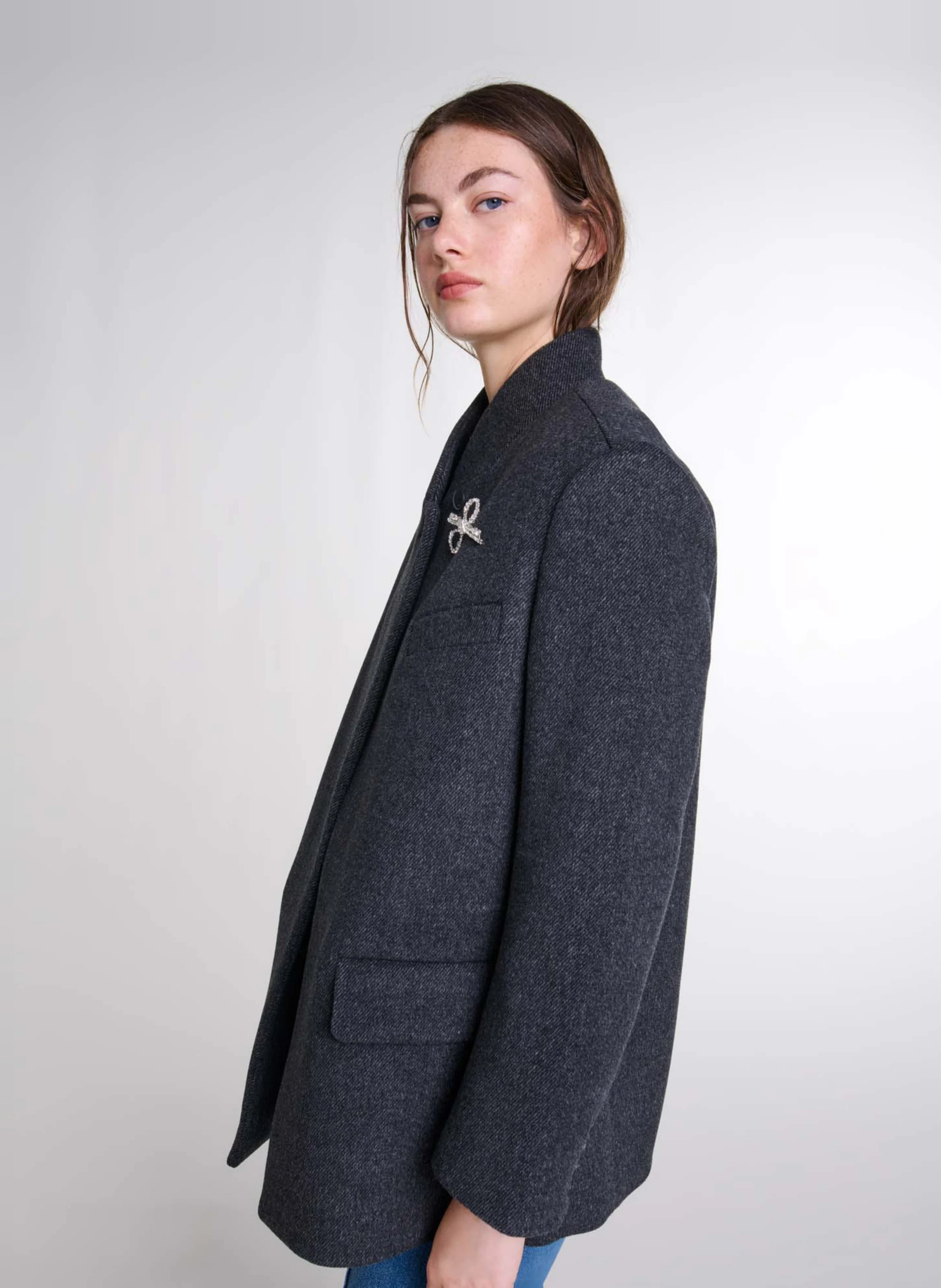 Manteau droit col montant en laine mélangée | Gris
