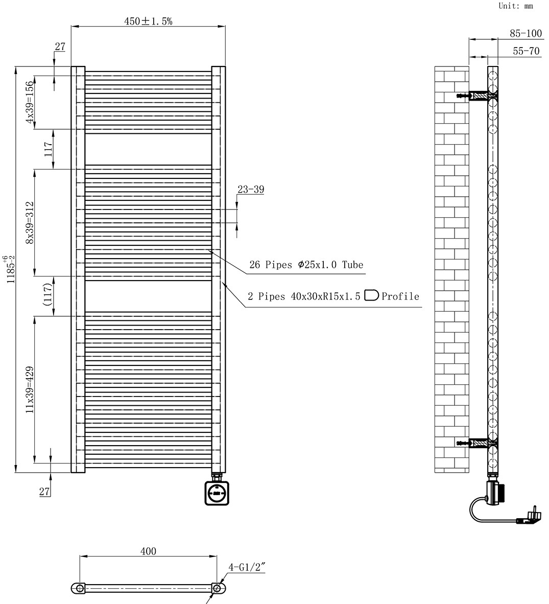 Calor Elara elektrische radiator met smart wifi 45x118.5cm gunmetal 700W