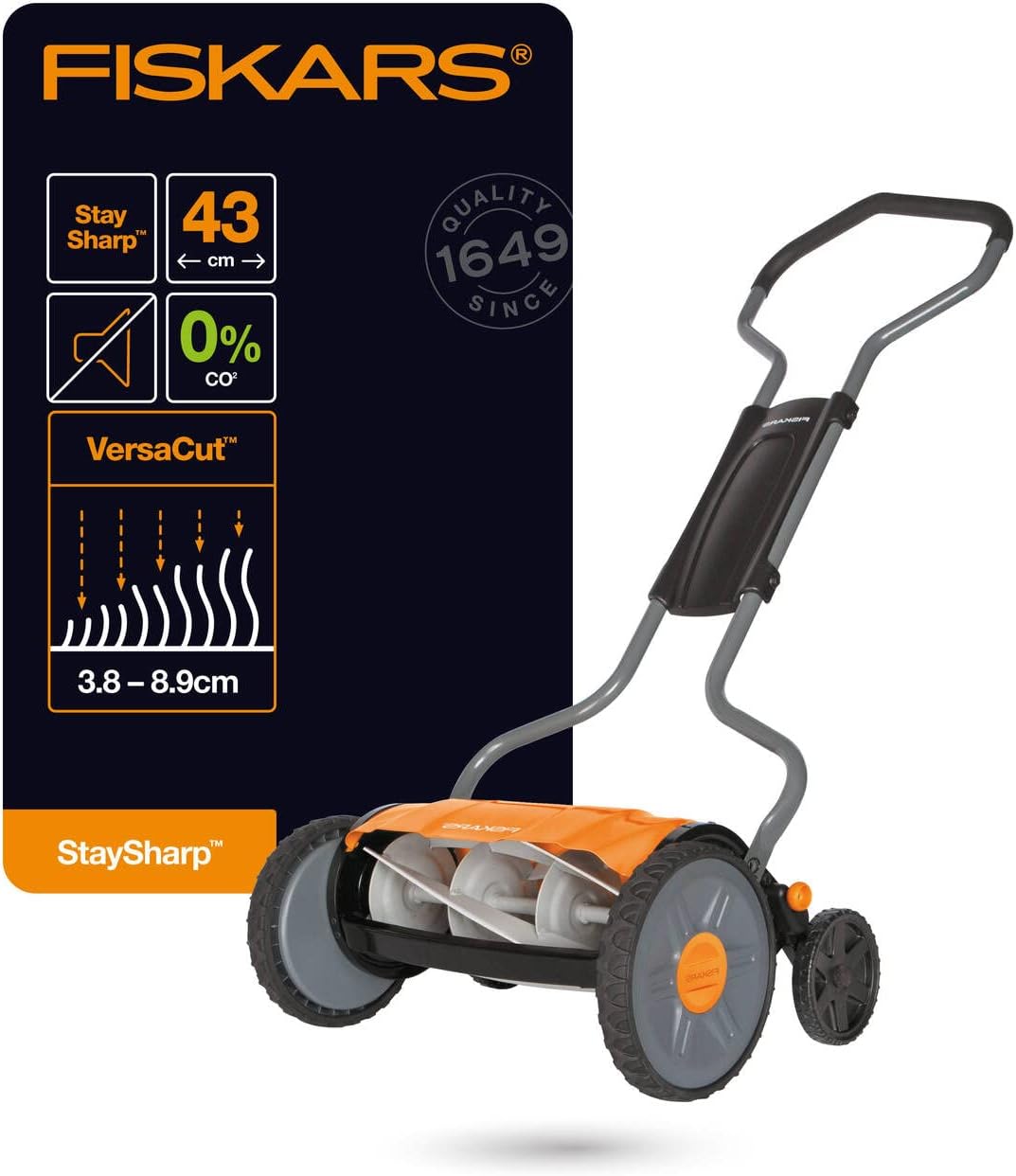 Fiskars Spindelmäher, Rasenmäher mit berührungslosem Schneidesystem, Schnittbreite: 43 cm, StaySharp Plus, Schwarz/Orange/Silber, 1015649