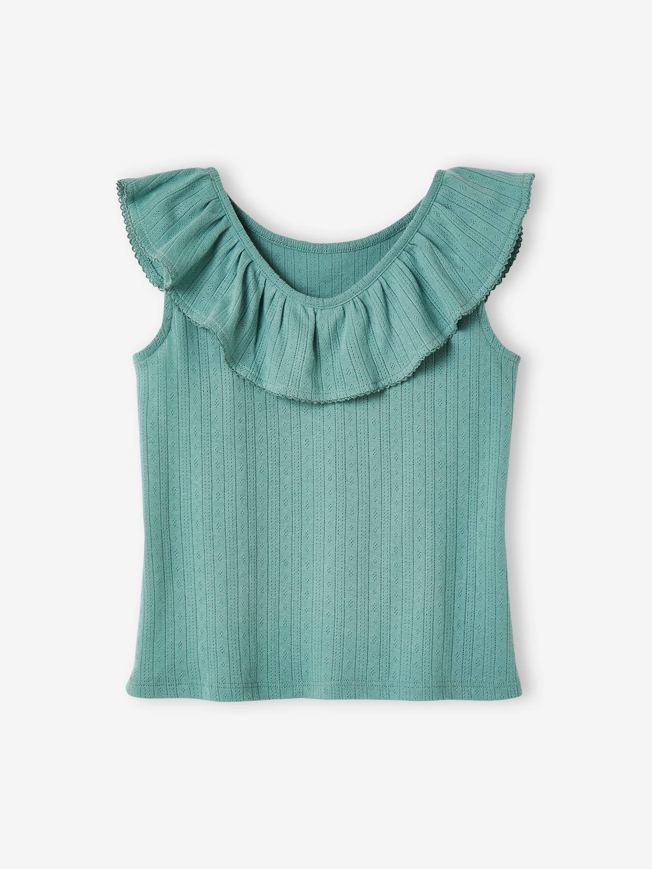 Blusa regata feminina bege em tricô vazado com babados.