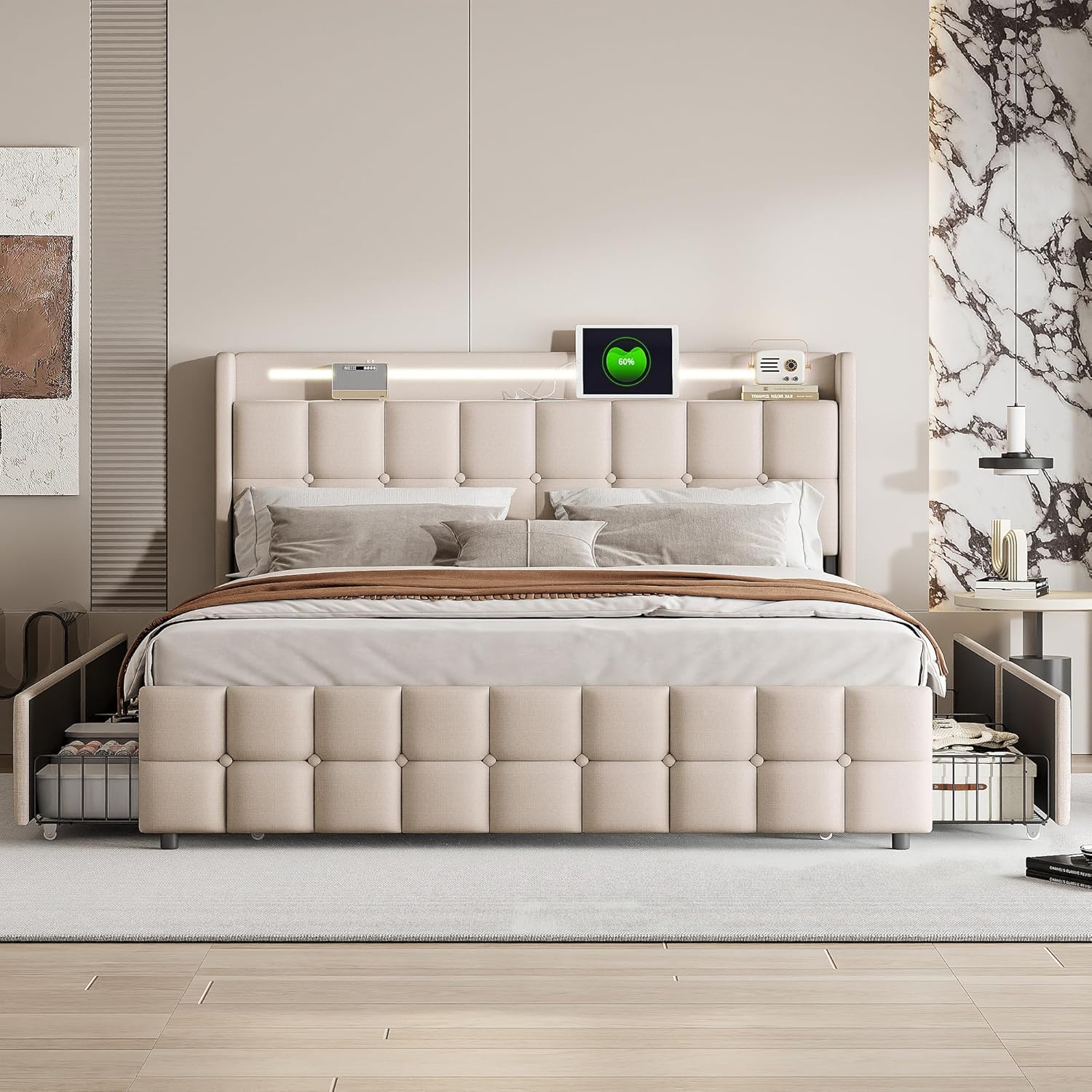 Doppelbett 180x200,Stauraumbett,Betten mit LED-Beleuchtung und 4 Schubladen, Polsterbett mit Stauraum, Jugendbett mit Aufladen USB Ladefunktion Kopfteil,Lattenrost aus Holz (Beige)