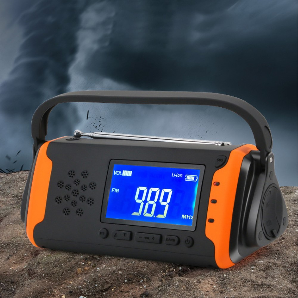 (20x8cm) 4in1 Digitales Outdoor Kurbel Radio mit WB/AM/FM / USB Powerbank / Solar Taschenlampe / SOS Alarm - Schwarz / Orange
