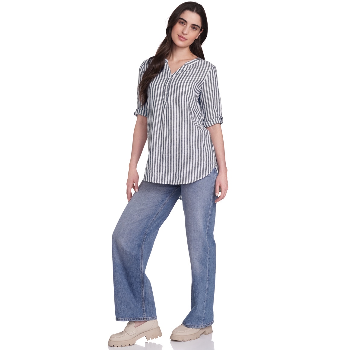 Gina Damen Leinen-Bluse mit Streifen schwarz / weiss