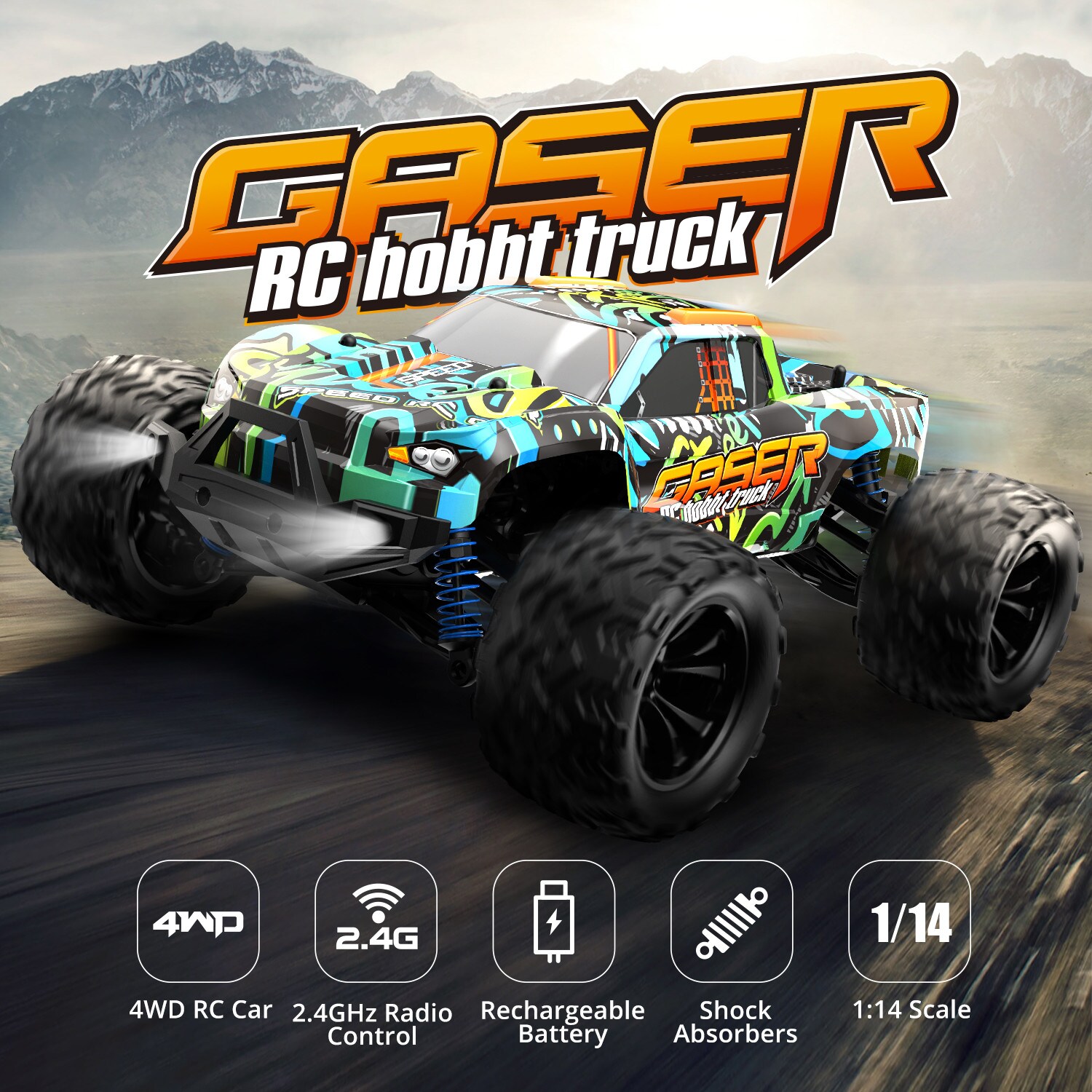 ES-Toys RC Elektro Monster Truck Gaser 900 1:14, bis 40 km/h schnell, Allrad schwarz/orange